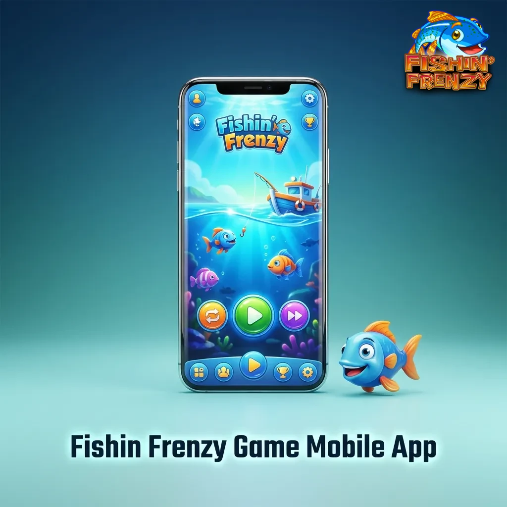 Mobile phone displaying Fishin Frenzy slot game app with touch controls and colorful fishing-themed interface
