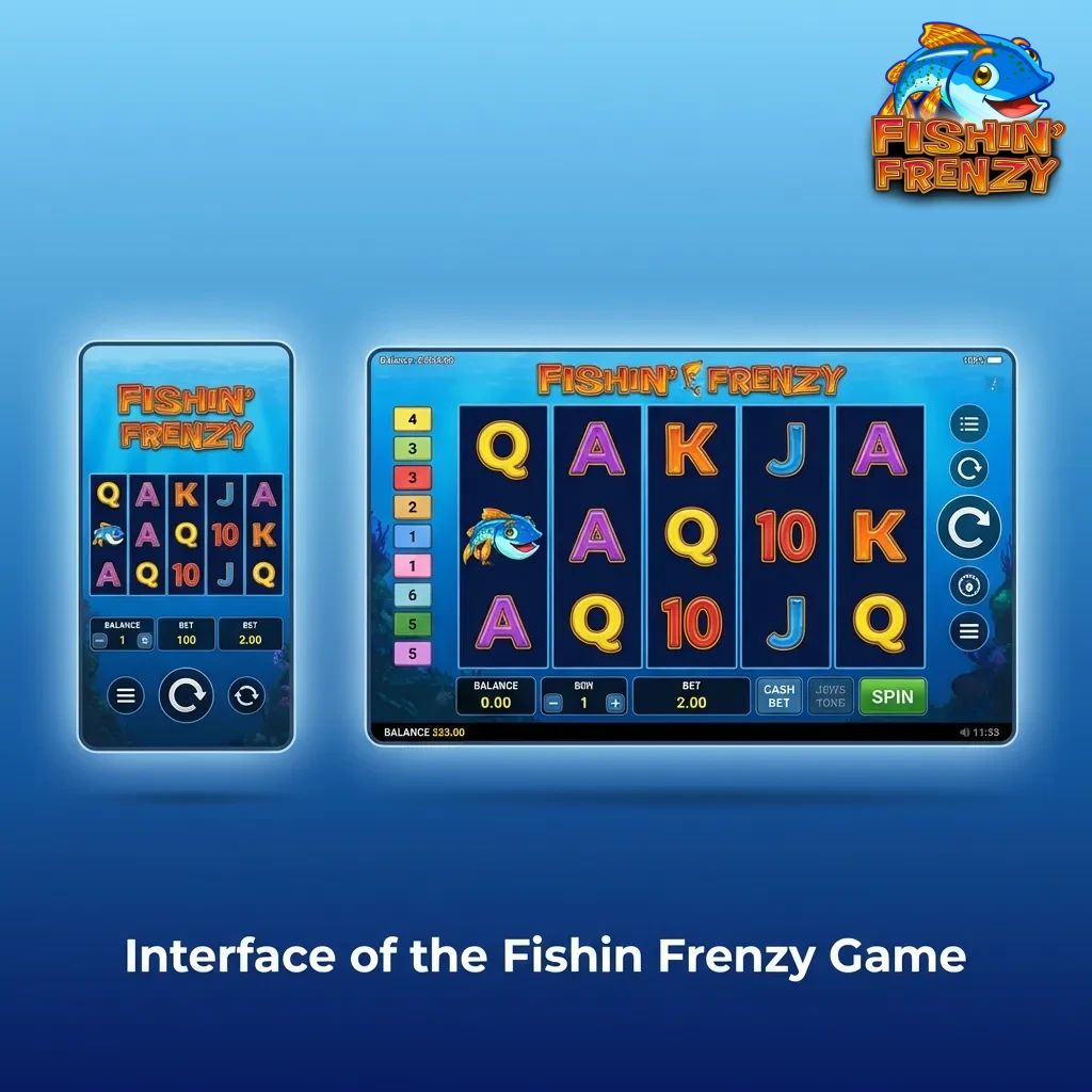 Fishin Frenzy slot game interface showing colorful reels, harbor backdrop, betting controls at bottom, and paytable menu.